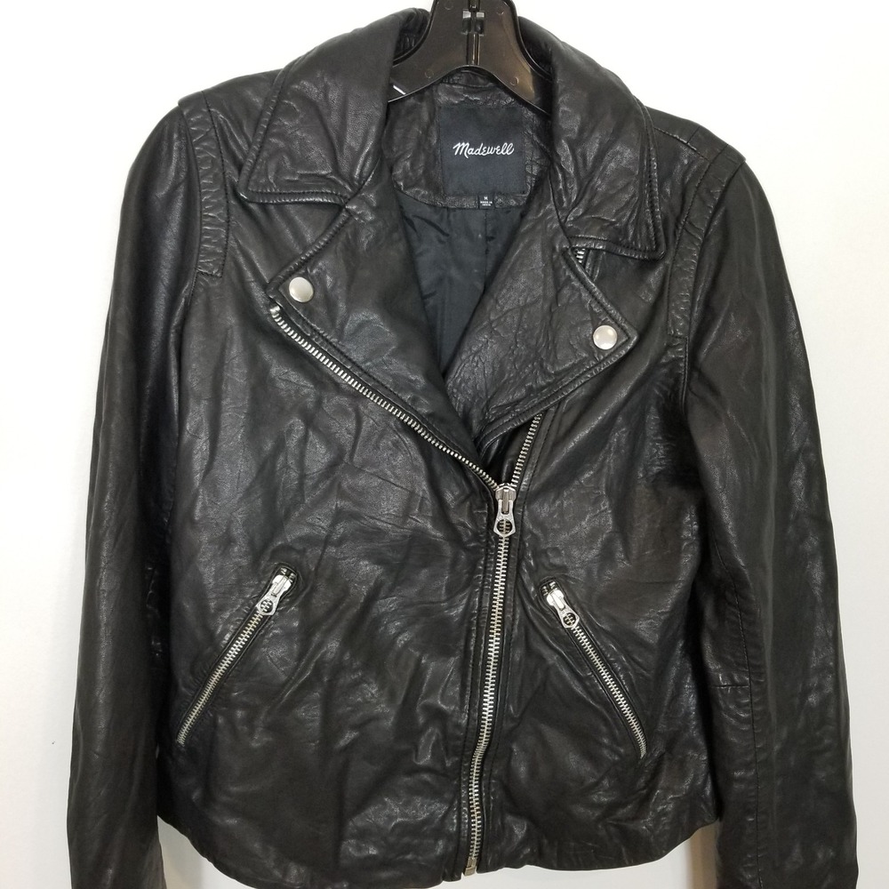 Madewell Washed Leather Motorcycle Jacket Women Sz M Black Asymmetrical Zip - Picture 4 of 9